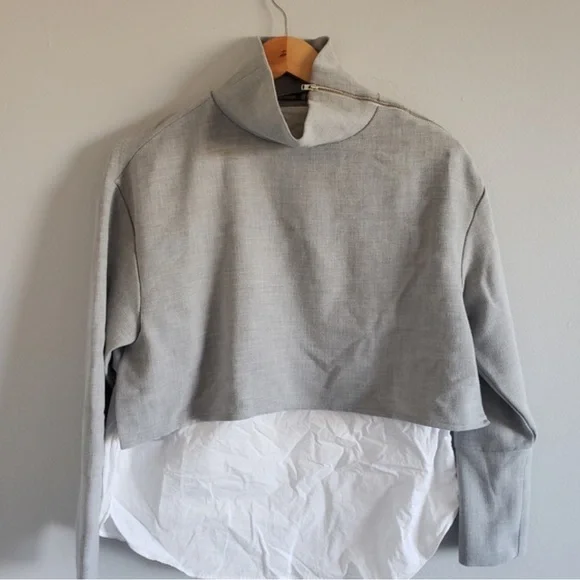 Zara Trafaluc mock neck zipper shoulder Boxy Gray & White Career blouse Sz M - Picture 5 of 7